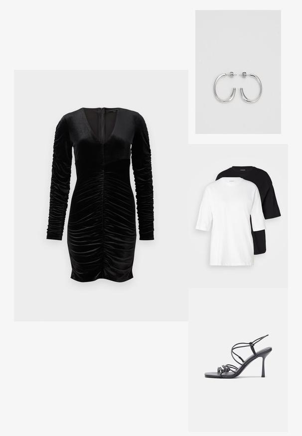 To korteærmede t-shirts, en hvid og en sort, lavet af bomuld. Har en rund halsudskæring og en løs, afslappet pasform med en glat tekstur.; Sort velourkjole med lange pufærmer, dyb V-hals og rynke detaljer foran. Lynlåslukning bagpå. Glat tekstur.; Sorte højhælede sandaler med tynde stropper og en knyttet design, en glat firkantet tå og en slank stiletto hæl.; Lys grå metallisk håndtaske med kædestrop, dekoreret med små runde metalliske studs og et trekantet brandlogo.; Sølv hoop øreringe med en glat, skinnende overflade. Rundet form, letvægtsdesign med post-back lukning.