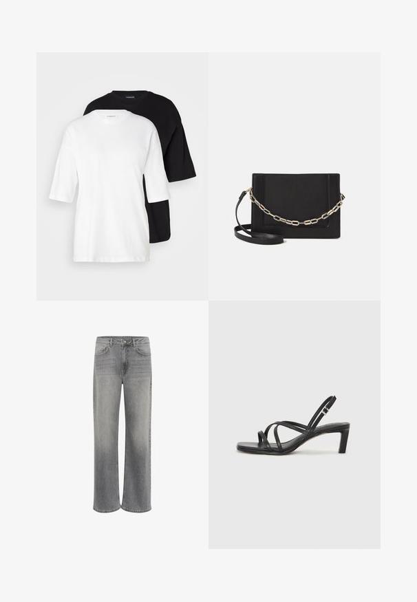 Two short-sleeve t-shirts, one white and one black, made of cotton. Features a crew neckline and a loose, relaxed fit with a smooth texture.; Wide-leg jeans in grey denim, featuring a high waist, five pockets, a front button closure, and subtle fading on the fabric.; Black strappy sandal with a square toe and a low block heel. Features multiple thin straps and an adjustable ankle strap. Made of smooth leather.; Black leather crossbody bag featuring a smooth texture, rectangular shape, and a metallic chain detail on the front. Adjustable strap included.; Silver double-band ring with a smooth, polished surface. Features a fluid, curved design with overlapping sections for a modern look.