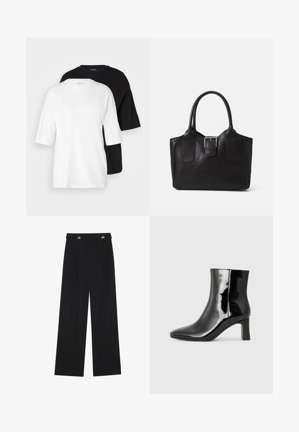 Divas īsām piedurknēm, viena balta un viena melna, izgatavotas no kokvilnas. Ar apaļu kakla izgriezumu un brīvu, atvieglinātu piegriezumu ar gludu tekstūru.; Melnas platās bikses ar augstu jostasvietu, pogu detaļām uz jostas un priekšējām krokām.; Melnas patentētas ādas potīšu zābaki ar norādītu pirkstu un vidēja augstuma kvadrātveida papēdi. Gluda tekstūra un minimālisma dizains.; Melnas ādas somiņa ar gludu tekstūru, strukturētu formu, divām rokturām un izteiktu sudraba sprādzi priekšpusē.