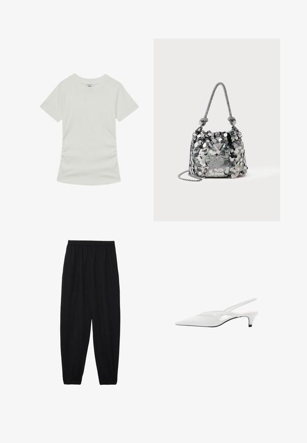 Reiss REGULAR FIT - T-Shirt basic - white; Schwarze, leichte Hosen mit einem elastischen Bund und gerafften Knöcheln. Der Stoff ist glatt und hat ein entspanntes, schmal zulaufendes Design.; Weißer Slingback-Absatzschuh mit spitzer Zehenpartie, featuring ein glattes Obermaterial, subtile Ausschnitte und einen niedrigen Blockabsatz. Die schwarze Sohle betont das Design.; Kleine silberne Handtasche, die mit großen Pailletten bedeckt ist, mit einem geknoteten Griff und einer Kettenriemen, auf der Vorderseite mit dem Guess-Logo.