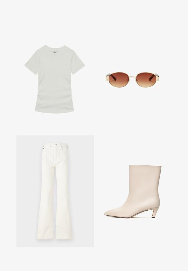 Reiss REGULAR FIT - T-shirt basic - white; Witte flared jeans van denim, met vijf zakken, een voorste knoopsluiting en een klassieke pasvorm die verwijdt aan de zoom.; Beige leren enkelboot met een pointed toe en een conische hak. Gladde textuur met minimale stiknaden en een slanke silhouet.; Ronde zonnebril met een gouden metalen kader, bruine gradient lenzen, heldere plastic accenten aan de zijkanten en bruin gemêleerde tempelarmen.; Zilveren en gouden vierkante horloge met een lichtgrijze wijzerplaat, drie subdials en gouden accenten. Voorzien van een gestructureerde armband met een bicolor ontwerp.