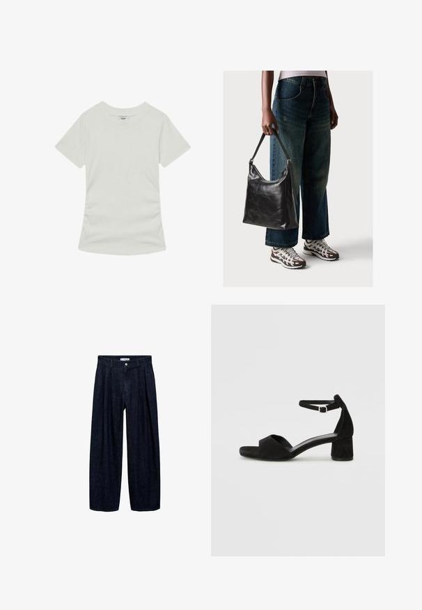 Reiss REGULAR FIT - T-paita - white; Tummansinisiä leveälahkeisia housuja, joissa on laskoksia vyötäröllä, etupainike ja vyön lenkit. Sujuva rakenne ja täyspitkä muotoilu.; Mustat mokkasaappaat, joissa on ohut nilkkaremmi, avoin varvasmuotoilu ja hillitty loivakulmainen korko. Sileä pinta ja vähäiset yksityiskohdat.; Musta nahkainen olkalaukku, jossa on sileä pinta ja säädettävä hihna, yhdistettynä haalistuneisiin leveälahkeisiin farkkuihin ja urheilukenkien kanssa.