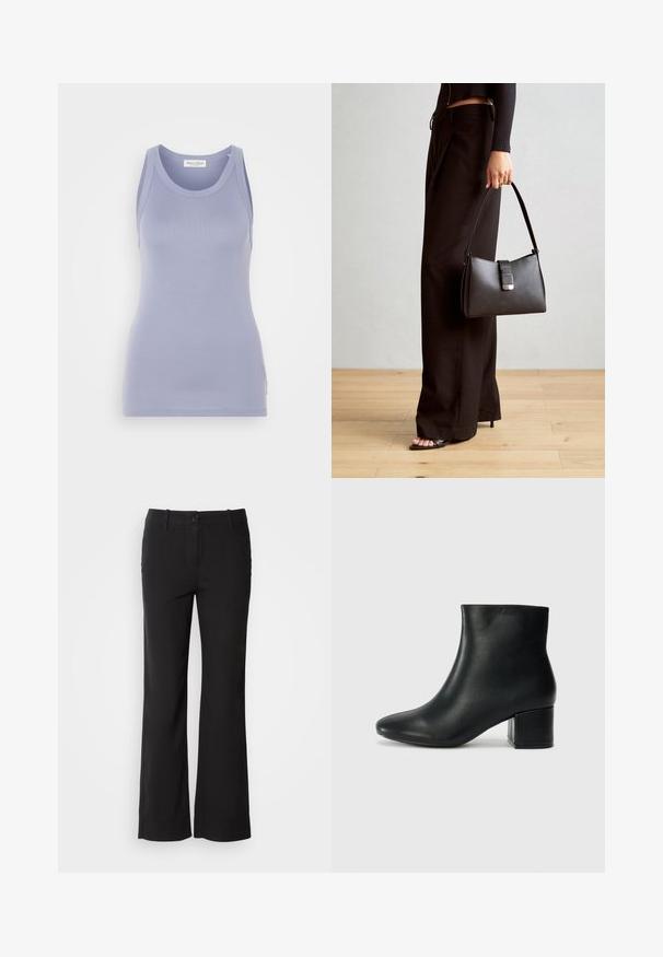 Gaiši lavandas krāsas topiņš ar pieguļošu dizainu, izgatavots no gludas adītas auduma. Tam ir apaļa kakla izgriezums un plati plecu siksnas, minimāla zīmola identificēšana.; Melni kokvilnas auduma bikses ar taisnu kāju dizainu, priekšējo pogu aizdari un divām sānu kabatām. Gluda tekstūra, bez redzamām rakstu zīmēm.; Melna ādas potīšu zābaki ar smailu purngalu un masīlu papēdi. Gluda tekstūra ar minimāliem akcentiem un gludu, pieguļošu dizainu.; Melnā somiņa ar strukturētu formu, gludu tekstūru un metālu sprādzi. Saskaņota ar platām melnām biksēm un sandālēm ar atvērtu purngalu uz koka grīdas.