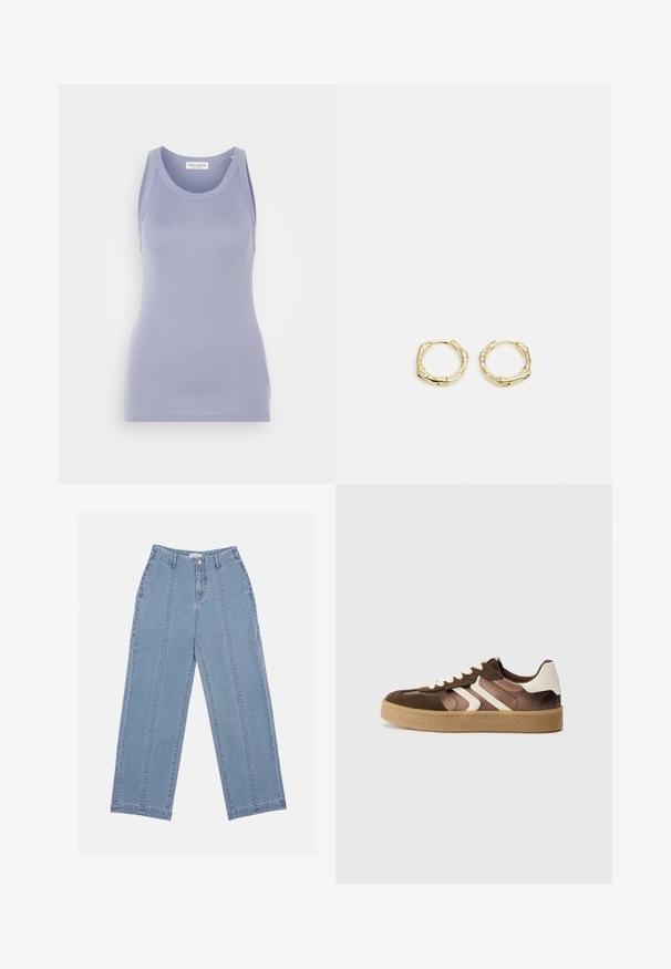 Light lavender tank top with a fitted design, made from a smooth knit fabric. Features a round neckline and wide shoulder straps, minimal branding.; Light blue wide-leg jeans made of denim. Features a high waist, button closure, and visible stitching. No pockets are visible on the front.; Brown and cream sneakers with a combination of suede and satin materials, featuring three diagonal stripes and a textured gum sole.; Gold hoop earrings with a textured, irregular shape. Features a seamless closure and a polished surface finish, emphasizing a modern design.