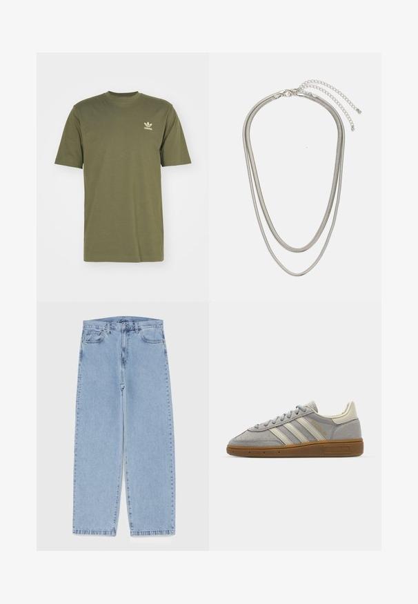 adidas Originals TREFOIL ESSENTIALS - Triko s potiskem - olive strata; Světle modré džíny s rovnými nohavicemi, středním pasem, pěti kapsami a zapínáním na knoflík a zip.; Šedé semišové tenisky se světle šedými koženými pruhy a gumovou podrážkou. Vybavení zahrnuje šněrování a decentní branding na jazyku.; Vícevrstvý stříbrný kovový náhrdelník s elegantními, flexibilními řetízky s jemným leskem, zabezpečený karabinkou a nastavitelným řetízkem.