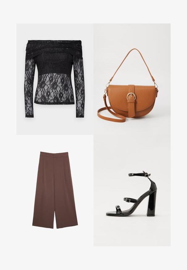 Mustat pitsipaita, jossa on pitkät hihat ja hartioita paljastava design. Siinä on kukkakuvio, läpikuultava rakenne ja kiinteä kangaspaneeli vyötäröllä.; Ruskeat leveälahkeiset housut, joissa on sileä pinta, korkea vyötärö ja etupleat. Kangas on kevyttä ja laskeutuu väljänä.; Musta kiiltäväpintainen korkokengät, joissa on kaksi solkikiinnitystä, neliönmuotoinen kärki ja paksu korko, sileällä, kiiltävällä pintarakenteella.; Ruskean nahkainen olkalaukku, jossa on kaareva muoto, kultaiset yksityiskohdat ja solkiyksityiskohta. Varustettu irrotettavalla olkahihnalla.