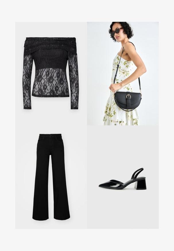 Top de renda preta com mangas longas e design off-the-shoulder. Apresenta um padrão floral, textura transparente e painel de tecido sólido na cintura.; Calças largas pretas em denim, com uma cintura estruturada, passantes para cinto e bolsos frontais. Textura suave com um design clássico.; Sandy em verniz preto com salto slingback, ponta afilada e salto geométrico. Apresenta um design elegante e minimalista com textura suave.; Bolsa de couro preta com forma curva, alça destacável e detalhes em dourado. A bolsa possui uma aba com detalhe de fivela.