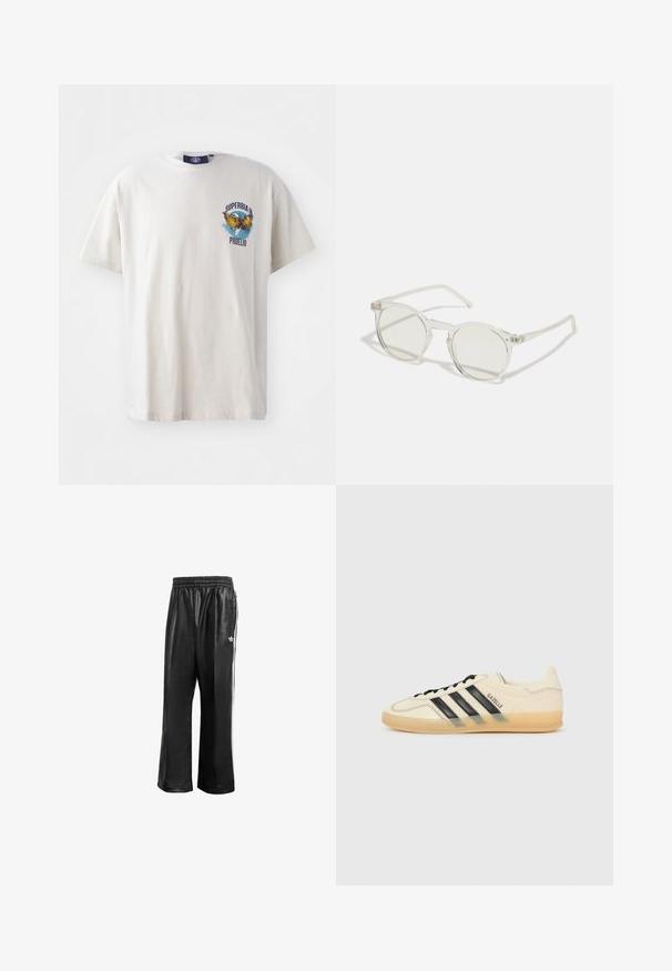 Krémové bavlněné tričko s krátkými rukávy, na levé straně hrudi s barevným potiskem orla a nápisem "SUPERBIA IN PROELIO".; Černé syntetické sportovní kalhoty s elastickým pasem, se bílými postranními pruhy a malým bílým logem na levém boku.; Světle krémové tenisky s černým designem tří pruhů,Texturovaný svršek, kulatá špička a gumová podešev. Obsahují šněrování a branding po straně.; Kulaté sluneční brýle s průhledným rámem, světle zelenými čočkami a tenkými, průhlednými bočními částmi. Rám má jemné kovové akcenty.