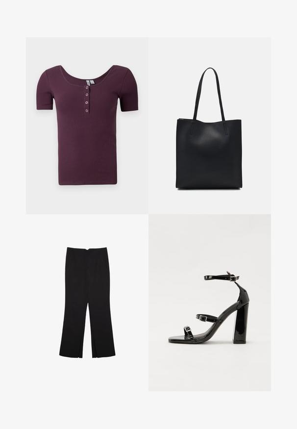 Koszulka henley z krótkim rękawem, w purpurowym kolorze z prążkowanej tkaniny, z okrągłym dekoltem i czterema srebrnymi napami na przodzie.; Czarne spodnie o prostym kroju, z przednimi kieszeniami i bocznymi rozcięciami na dole. Wykonane z miękkiego, gładkiego materiału. Odpowiednie na różne okazje.; Czarne lakierowane sandały na obcasie z kwadratowym noskiem, z paskami wokół kostki i srebrnymi klamrami. Posiadają masywny słupek dla stabilności.; Czarna skórzana torba tote o gładkiej fakturze, prostokątnym kształcie i dwóch długich uchwytach. Brak widocznych elementów metalowych i ozdób.