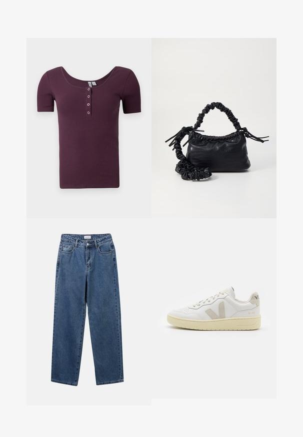 Lyhythihainen ribattu luumunvärinen henley-paita, jossa on pyöreä kaula-aukko ja neljä hopeista nepparia etupaneelissa.; Classiset siniset farkut suoran lahkeen muotoilulla, viidellä taskulla ja napillakaan. Ominaisuudet: keskivahva pesu ja kestävä rakenne.; Valkoiset nahkakengät, joissa on vaaleanruskeat pigmenttisuojat, rei'itetty kärki, litteät nauhat ja teksturoitu kermaisa pohja. Takana on huomaamaton brändäys.; Must-have mustekahvi nahkalaukku krokotiiliaistalla, kiristetty yläosa ja rypistetty hihna. Näyttää pehmeältä ja kompaktilta muotoilultaan.