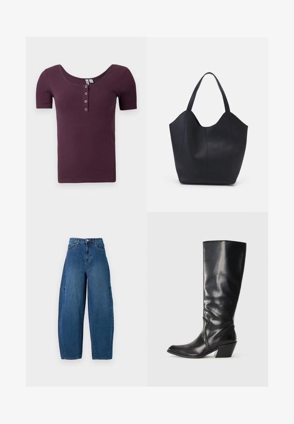 Krátky rukáv, rebrované plavková fialová henley tričko s výstrihom a štyrmi striebornými patentkami na prednom zapínaní.; Džínsy v strednom modrom umývaní, s vysokým pásom, širokým strihom nohavíc a klasickým dizajnom s piatimi vreckami a viditeľnými švami.; Čierna kožená čižma po kolená s špicatou špičkou, uhlovým opätkom a hladkou textúrou. Obsahuje jemný prešitý detail pozdĺž strany.; Čierna taška s dlhým uchom vyrobená z hladkej kože, s oblým otvoreným vrchom a dvoma ramennými popruhmi, minimalistického dizajnu.