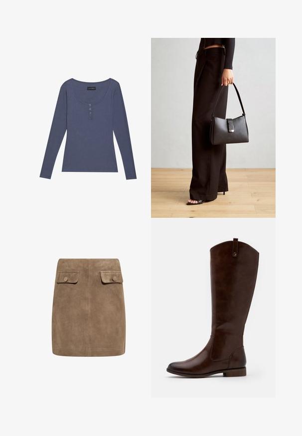 Dolgin rukavi, rebrast top v temno modri barvi z globokim izrezom in tri gumbki spredaj. Mehak material, ožji kroj.; Rjava semi krila iz jasnega sued materiala z gladko teksturo, ki imata spredaj dva žepa z flapom in gumbom na vsaki strani. Preprost, raven dizajn.; Rjave škornje do kolen, izdelane iz gladkega usnja, z zaobljenim nosom, nizkim naloženim peto in diskretnim šivanim vzorcem ob straneh.; Črna torbica z strukturirano obliko, gladko teksturo in kovinskim zaponko. Ujemajo se z širokimi črnimi hlačami in odprtimi sandali na lesenem tleh.
