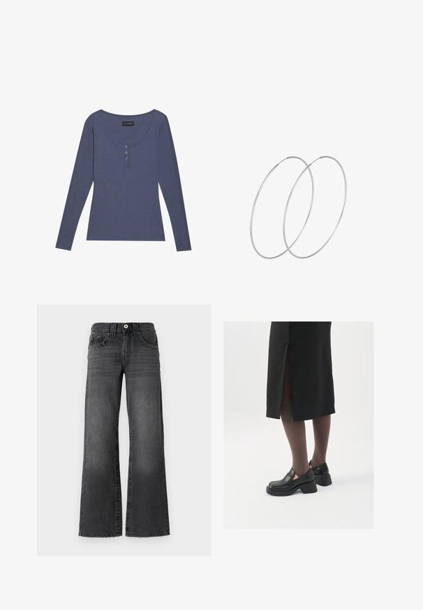 Tamsiai mėlynas ilgarankovis, su raukiniais audinys su apvalia iškirpte ir trimis mygtukais priekyje. Minkšta tekstūra, lieknas siluetas.; Tiesios kojos džinsai tamsiai pilkos spalvos džinsinio audinio. Yra penki kišenės, mygtuko užsegimas ir subtilus išblukimas audinyje. Klasikiniai siuvimo akcentai.; Juodos odinės bateliai su apvaliu nosiu, stora blokine pakulne ir elastingais šonais, derinami su tamsiomis pėdkelnėmis ir juoda sijonu su plyšiu.; Sidabrinės pusmėnulio auskarai minimalistiniu dizainu. Apskritimo forma, lygus paviršius ir plonas profilis. Lengvi su poliruotu apdailu.