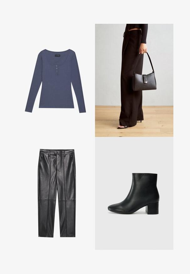 Tamsiai mėlynas ilgarankovis, su raukiniais audinys su apvalia iškirpte ir trimis mygtukais priekyje. Minkšta tekstūra, lieknas siluetas.; Juodos odinės kelnės su lygiu tekstūru, tiesaus kirpimo, dviem priekinėmis kišenėmis ir matomomis siūlėmis.; Juodos odinės aulinės botai su smailiu priekiniu pirštu ir storu kulnu. Lygus tekstūra su minimaliomis detalėmis ir elegantišku, tvirtai priglundančiu dizainu.; Juodas rankinė struktūrizuota forma, lygi tekstūra ir metalinis užsegimas. Suporuota su plačiomis juodomis kelnėmis ir atvirais bateliais ant medinių grindų.