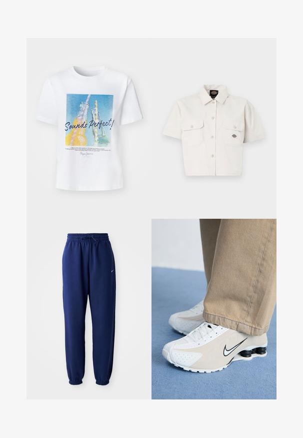 Camiseta blanca de algodón con un gráfico colorido de dos botellas de vidrio con sorbetes y el texto "¡Suena perfecto!" en una fuente en negrita.; Camisa blanca de algodón de manga corta y cropped, con dos bolsillos en el pecho, cierre frontal de botones y un parche con logo en el bolsillo izquierdo.; Pantalones de chándal azul marino hechos de una tela suave, que cuentan con una cintura elástica con cordón, puños elásticos y un pequeño logo blanco.; Zapatillas Nike blancas y beige con diseño perforado, logo de swoosh negro, parte superior texturizada y distintivo talón negro elástico.