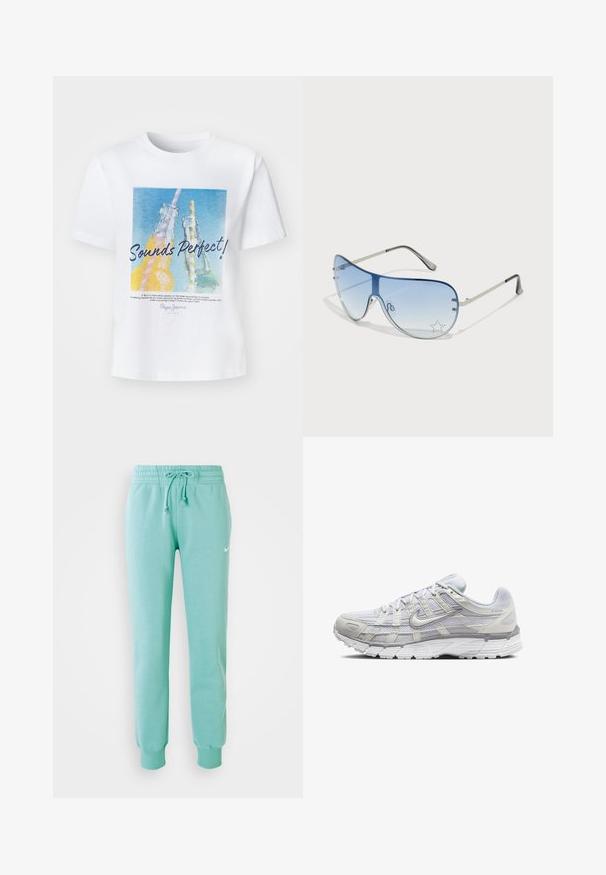 Hvit bomulls t-skjorte med et fargerikt grafisk design av to glassflasker med sugerør og teksten "Høres perfekt ut!" i en fet skrift.; Mintgrønne sweatpants med elastisk talje, snøre og ribbede manchetter. Har et lille hvidt Nike-logo på venstre lår.; Lys grå sportsko med overdel i mesh og syntetisk materiale, med snøring, polstret krave og strukturert såle for grep.; Pilotbriller med gradient blå linse, sølvfarget metallramme og dekorative stjerneaksenter på linsen. Glatt og stilren design.