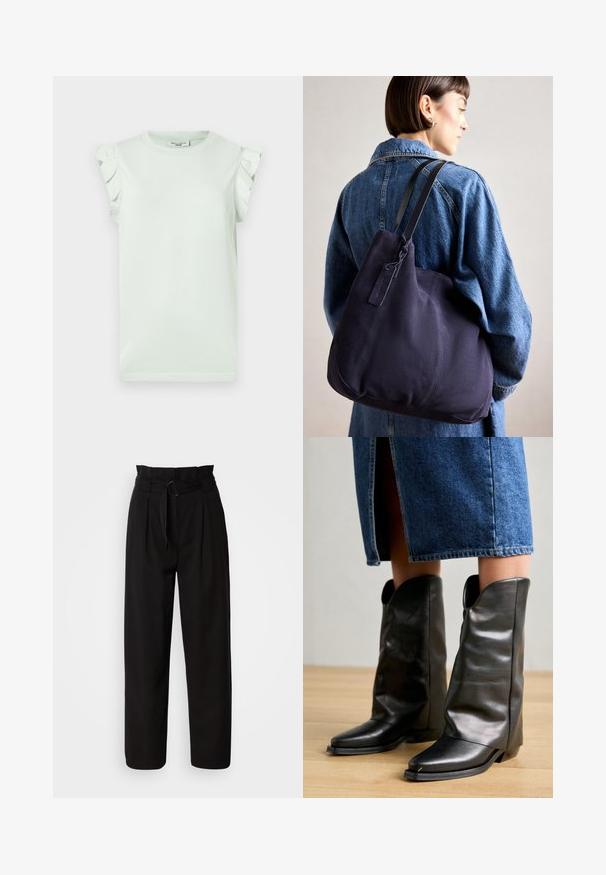 Világoszöld, rövid ujjú póló, vállán fodros részletekkel. Puha pamutból készült, kerek nyakkal és egyenes aljal.; Fekete, magas derekú nadrág széles szárakkal, elöl redőkkel és anyagából készült övvel, amelynek köralakú csatja van. Sima textúra és precíz szabás.; Pavement CALLISTA - Cowboy és motoros csizmák - black; Tengerészkék vászon válltáska, puha, struktúrált formával, fekete pánttal, varrott részletekkel és egy kis márkajelzéssel.