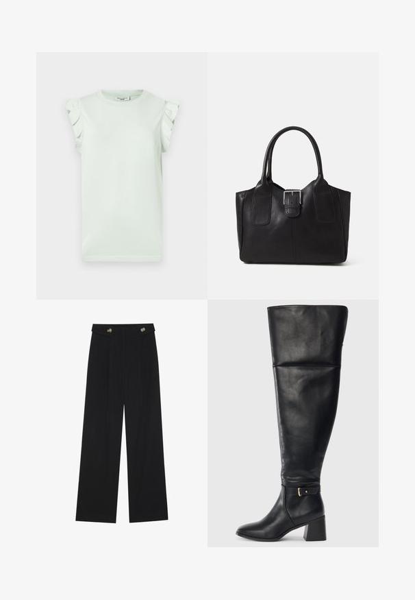 T-shirt verde claro com mangas curtas e detalhes franzidos nos ombros. Feito de algodão macio, com decote redondo e bainha reta.; Calças largas pretas com cintura alta, detalhes em botão na cintura e pregas frontais.; Bota de couro preta até ao joelho com salto bloco e fita decorativa com fivela dourada acima do tornozelo, vista lateral sobre fundo branco.; Bolsa tote de couro preta com textura suave, forma estruturada, duas alças e um destaque prateado proeminente na parte da frente.