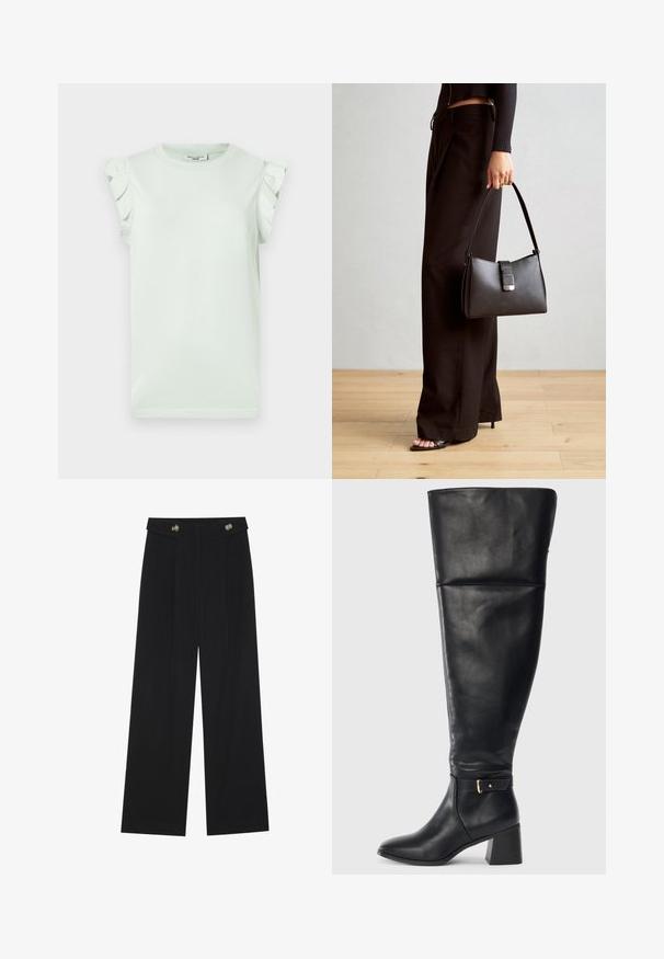 Šviesiai žalia marškinėliai trumpomis rankovėmis su raukšlėmis ant pečių. Pagaminti iš minkštos medvilnės, su apvaliu iškirpimu ir tiesiu apvadu.; Juodi plačios kojos kelnės su aukštu liemeniu, sagų detalėmis ant liemens ir priekinėmis raukšlėmis.; Juodas odinis aulinis batas iki kelių su blokuotu kulnu ir dekoratyvia juostele su auksine sagtimi virš kulkšnies, šoninis vaizdas ant balto fono.; Juodas rankinė struktūrizuota forma, lygi tekstūra ir metalinis užsegimas. Suporuota su plačiomis juodomis kelnėmis ir atvirais bateliais ant medinių grindų.