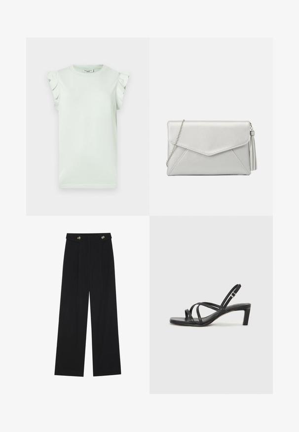 T-shirt verde chiaro con maniche corte e dettagli arricciati sulle spalle. Realizzato in morbido cotone, presenta un collo rotondo e orlo dritto.; Pantaloni neri a gamba larga con vita alta, dettagli con bottoni in vita e pieghe frontali.; Sandalo nero con cinturini, dalla punta squadrata e tacco basso a blocco. Presenta diversi cinturini sottili e una cinturini regolabile alla caviglia. Realizzato in pelle liscia.; Clutch bag in ecopelle argentata con design a busta, tracolla a catena e dettaglio con nappina su un lato, caratterizzata da cuciture angolari.