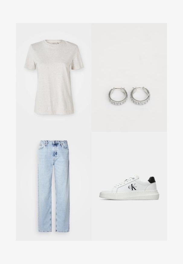 Világosszürke, rövid ujjú póló, puha pamut keverékből készült, kerek nyakkivágással és a mellkasán kis hímezett logóval.; Egy világos kék, bő szárú farmernadrág, magas derekú, elhalványult mosással és finom batikolt mintával az elején.; Fehér alacsony szárú edzőcipő fekete saroktabbal, platform talppal, fűzőkkel és Calvin Klein "CK" logóval az oldalán.; Ezüst fülbevalók, texturált mintával, függőleges barázdákkal. Kerek forma, biztos záródással. Sima felület.