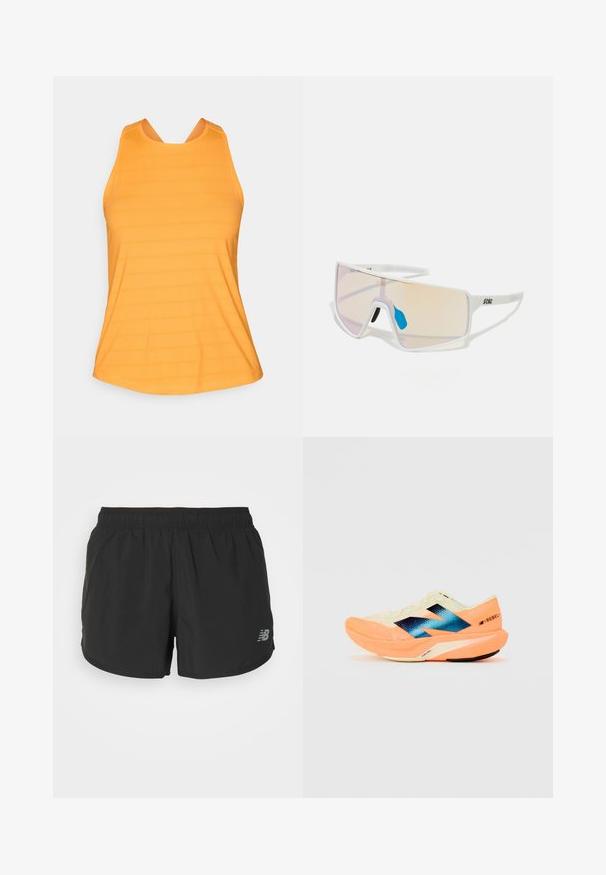 Oranžový sportovní top s výstřihem ve tvaru lodičky a širokými ramínky pro podporu a pohodlný pohyb, s texturovaným vzorem.; Černé sportovní šortky s elastickým pasem, vyrobené z lehké tkaniny. Na spodní pravé straně se nachází malé šedé logo.; Běžecká obuv s lehkým krémovým svrškem, modrým logem a oranžovými detaily na podešvi. Síťovina pro prodyšnost.; Sluneční brýle s bílým rámem a velkými gradientovými skly, která mají přechod od růžové k světlé oranžové barvě, doplněné modrým nosníkem a detailem loga.