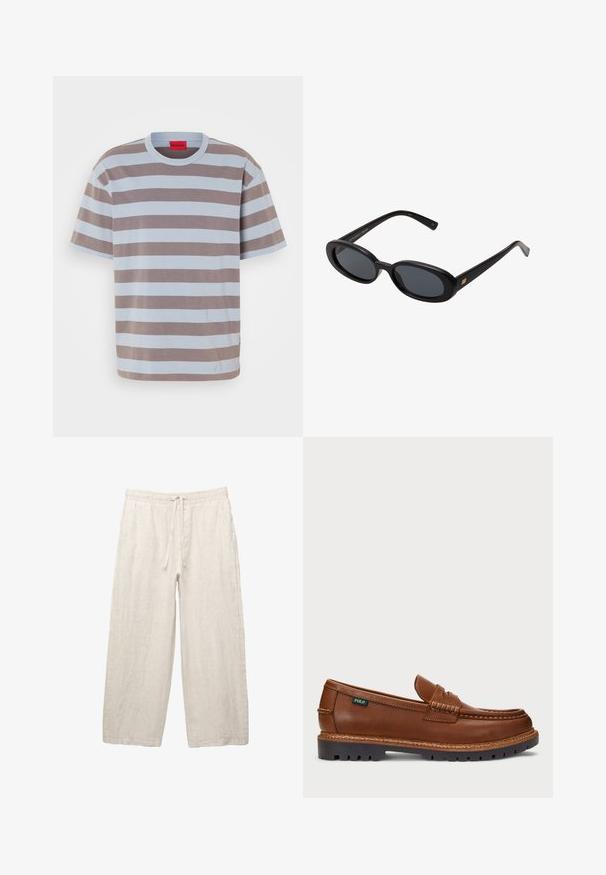Gestreepte t-shirt in lichtblauw en bruin, gemaakt van katoen. Heeft een ronde halslijn en een klein logo dat in het midden van de voorkant is gedrukt.; Linnen broeken in lichtbeige, met een elastische tailleband met een trekkoord, een wijde pasvorm en zijzakken. Gladde textuur.; Bruine leren loafer met decoratieve stiksels en een gestructureerde neus. De zool heeft een robuust ontwerp, wat zorgt voor grip en duurzaamheid.; Zwarte oversized zonnebril met ovale lenzen, een glad plastic montuur en gouden accenten op de pootjes. Donkere lenzen bieden bescherming tegen de zon.