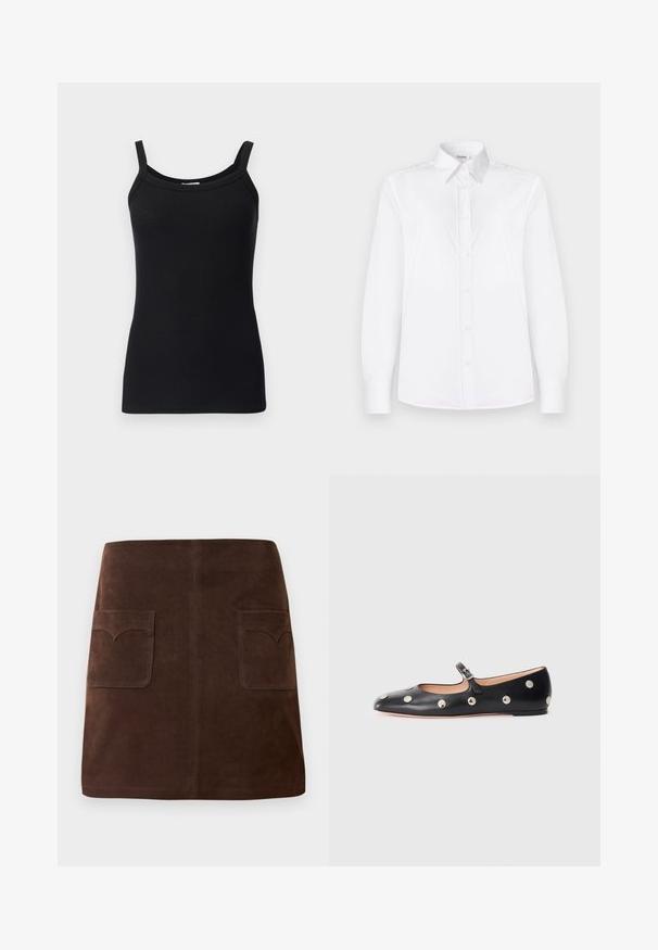 Schwarzes, geripptes Tanktop mit dünnen Trägern, das einen runden Ausschnitt und eine taillierte Passform aufweist. Weiche Textur und dehnbares Material.; Weißes Langarmhemd aus glattem Stoff, mit einem Kragen und einer Knopfleiste mit hellrosa Knöpfen.; Brauer Wildlederrock im klassischen A-Linien-Schnitt, mit zwei vorderen Taschen mit abgerundeten Klappen und dezenten Nähten.; Schwarze Leder-Mary-Jane-Ballenflats mit runder Zehenform, ausgestattet mit silbernen runden Nieten und einem verstellbaren Riemen mit Schnalle.