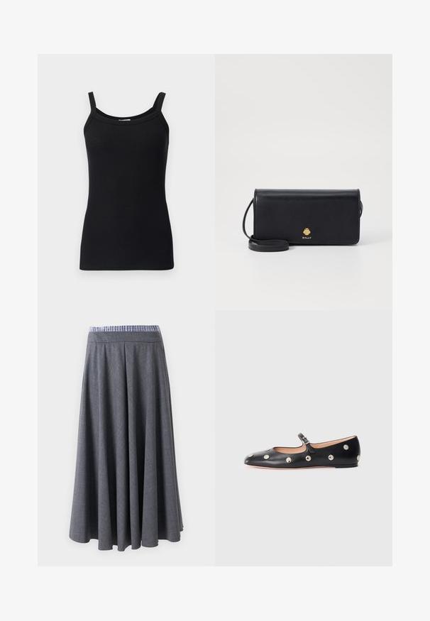 Top nero a coste con spalline sottili, caratterizzato da un collo rotondo e un design aderente. Tessuto morbido e elasticizzato.; Pantaloni a vita alta, grigio scuro, a gamba larga con un leggero motivo a quadri e una cintura a righe blu e bianche, esposti appesi su uno sfondo bianco.; Scarpa flat nera in pelle tipo Mary Jane con punta arrotondata, caratterizzata da borchie circolari argentate e una fascia regolabile con fibbia.; Portafoglio in pelle nera con una forma rettangolare slim, caratterizzato da un logo dorato. Include una tracolla staccabile per una maggiore comodità nel trasporto.