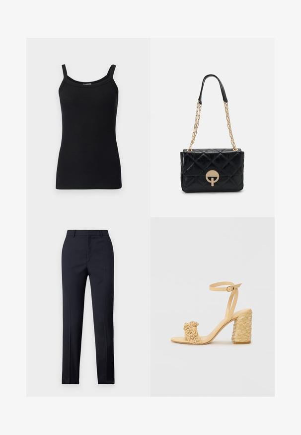 Black ribbed tank top with thin shoulder straps, featuring a rounded neckline and a fitted design. Soft texture and stretchy fabric.; Navy tailored trousers with a straight cut, featuring a smooth texture, two front pockets, and a clean waistband.; Beige high-heeled sandal with a braided texture, featuring a decorative flower and ankle strap. Square-shaped heel adds stability.; Black quilted leather handbag with a gold chain strap, featuring a circular clasp detail. Compact rectangular shape with a smooth texture.
