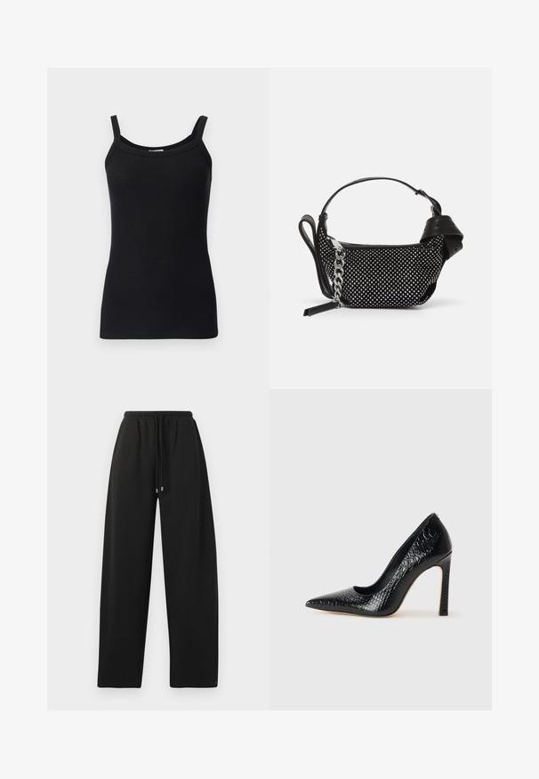 Schwarzes, geripptes Tanktop mit dünnen Trägern, das einen runden Ausschnitt und eine taillierte Passform aufweist. Weiche Textur und dehnbares Material.; Schwarze Sweatpants mit entspannter Passform, elastischem Bund, Kordelzug und seitlichen Nähten. Hergestellt aus einem weichen, glatten Stoff.; Schwarzer, spitz zulaufender High Heel mit Krokodilleder-Struktur, elegantem Design, hohem Stiletto-Absatz und glattem schwarzen Innenraum.; Schwarze Handtasche mit texturiertem Design, verziert mit silbernen Nieten und einem klobigen silbernen Kettenriemen. Besitzt eine elegante, minimalistische Form.