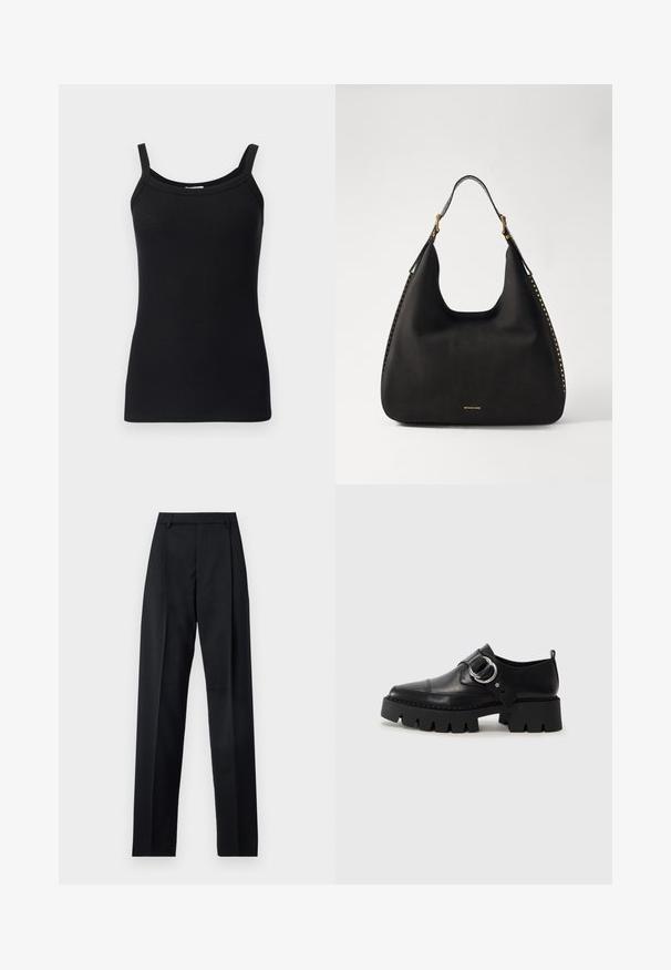 Must mustribal tank top õhukeste õlgade rihmadega, ümarate kaelustega ja sobiva disainiga. Pehme tekstuur ja veniv kangas.; Mustad püksid siledast kangast, millel on kõrge vöökoht, laiad jalad, esimesed kortsud ja klassikalised vööloopid. Küljepockets pole nähtavad.; Mustad musta naha jalanõud, millel on jäme ribaga tallad, ringikujuline hõbedane detail ja minimaalne õmblusdetail.; MICHAEL Michael Kors NOLITA HOBO  - Käekott - black