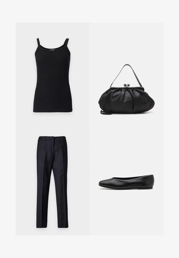 Black ribbed tank top with thin shoulder straps, featuring a rounded neckline and a fitted design. Soft texture and stretchy fabric.; Navy tailored trousers with a smooth texture, featuring a flat front, dual pleats, and belt loops. Straight-leg cut, finished hem.; Paul Smith TOPANGA - Ballet pumps - black; Black leather handbag with a rounded, pleated design. Features a metallic clasp with two decorative balls and a slim, detachable strap.