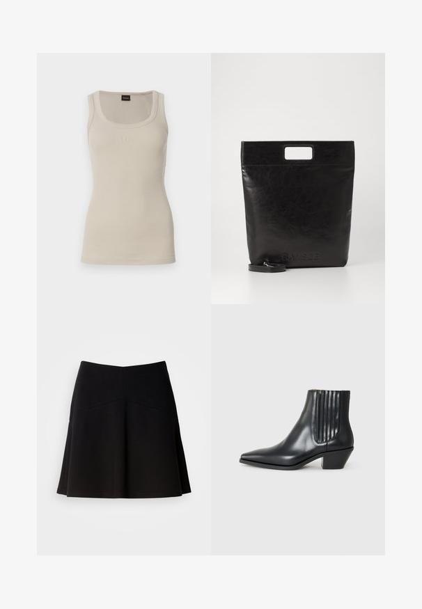 Rippenshirt in hellem Beige mit Rundhalsausschnitt. Verfügt über ein dezentes 'BOSS'-Logo auf der Vorderseite. Hergestellt aus weichem, elastischem Stoff.; Schwarzer, ausgestellter Rock aus weichem Stoff, mit einem taillierten Bund und Nahtdetails. Glatte Textur mit einem schlichten, klassischen Design.; Schwarze Leder-Ankle-Boots mit spitzem Zehenbereich, seitlichen elastischen Einsätzen mit vertikalen Rillen und einem niedrigen Blockabsatz. Glatte Textur und elegantes Design.; Schwarze Leder-Tote-Tasche mit einem quadratischen Griff, ausgestattet mit einer strukturierten Oberfläche und geprägtem Logo. Inklusive abnehmbarem Tragegurt.