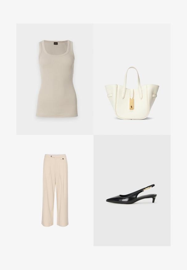 Ribota bezsvārku krekls gaiši bežā krāsā ar apaļu kakla izgriezumu. Priekšpusē ir smalks 'BOSS' logo. Izgatavots no mīksta, elastīga auduma.; Beige platām kājām bikses ar taisnu priekšpusi, divām sānu kabatām, pogu aizdari un krokām, kas piešķir papildu tekstūru un dizainu.; Melnas ādas slingback zābaki ar smailu purngalu, ar šauru papēdi un zelta krāsas akcentu uz regulējama siksniņas. Gluda tekstūra.; Balta ādas somiņa ar strukturētu formu, izteiksmīga šuvju apdare, zelta aksesuārs un divi rokturi. Tekstūrēta virsma ar sānu kabatām.