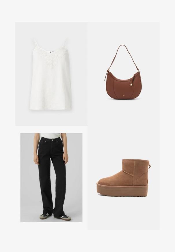 Top de tirantes ajustables en blanco, con un tejido texturizado y un intrincado detalle de encaje en el escote.; Jeans negros de cintura alta con un ajuste de pierna recta, hechos de denim, que cuentan con dos bolsillos frontales y detalles en latón.; Botín de ante en color marrón claro con suela de plataforma, punta redondeada y detalles de costura; cuenta con una lengüeta en la parte trasera para facilitar su uso.; Bolso de hombro de imitación cuero marrón con forma curva, costura mínima y un acento de hardware en tono dorado. Presenta un cierre de cremallera en la parte superior y una correa ajustable.