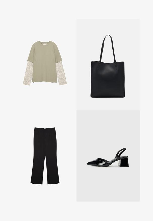 Kombineret bomuldsblanding, kortærmet khaki grøn top med lange, mønstrede lys grå ærmer med en struktureret design.; Sorte bukser med lige pasform, der har frontlommer og slidser i kanten. Lavet af blødt, glat stof. Velegnet til forskellige anledninger.; Sorte patentlæder slingback hæle med spids tå og en geometrisk blok hæl. Har et elegant, minimalistisk design og en glat tekstur.; Sort læder tote taske med glat tekstur, rektangulær form og to lange hanke. Ingen synlig hardware eller udsmykninger.