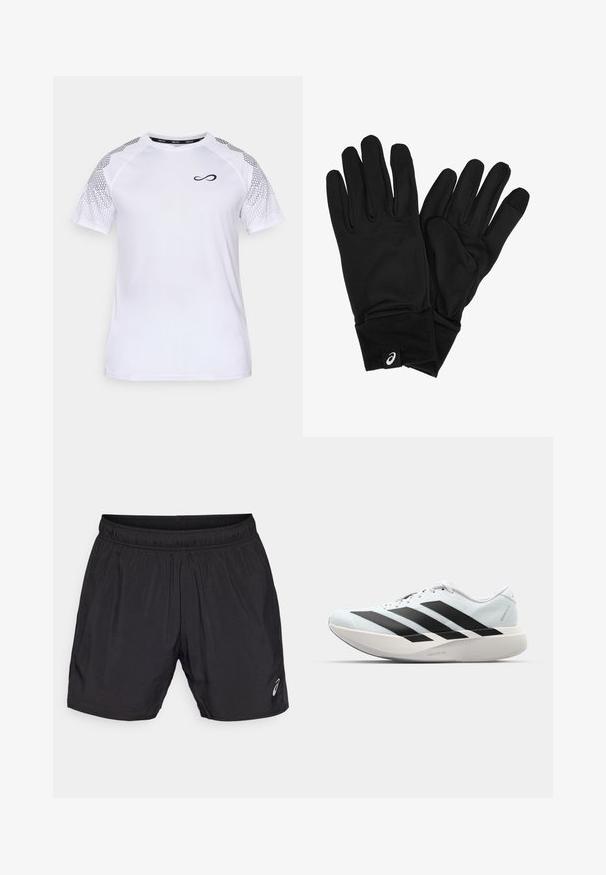 Endless FEISTY HEXAGON - Triko s potiskem - white; Černé sportovní šortky vyrobené z lehkého materiálu, s elastickým pasem a malým logem v dolním levém rohu.; Lehké běžecké boty v světle modré barvě s černými pruhy. Mají hladký svršek, kulatou špičku a silnou bílou mezipodešev označenou "LIGHTSTRIKE PRO."; Černé rukavice vyrobené z měkké, elastické tkaniny s těsným fit. Obsahují silný lem a malý logový štítek na zápěstí.