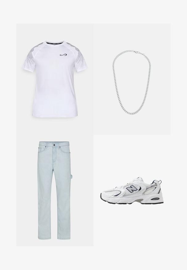 Endless FEISTY HEXAGON - Printtipaita - white; Vaaleansiniset farkut, suora malli, joissa on nappikiinnitys, viisi taskua ja sivuinen lenkit yksityiskohtana lisäämään toiminnallisuutta.; Valkoinen urheilushoe, jossa on verkkomateriaali päällä, laivastonsiniset yksityiskohdat ja pehmeä pohja. Varustettu "N"-logolla, nauhoilla ja teksturoidulla yksityiskohdalla sivussa.; Hopeaketju yhdistetyistä linkeistä, jossa on hopeanvärinen metallipinta ja turvallinen sulkemismekanismi. Tasainen pinta, sileä rakenne ja klassinen muotoilu.