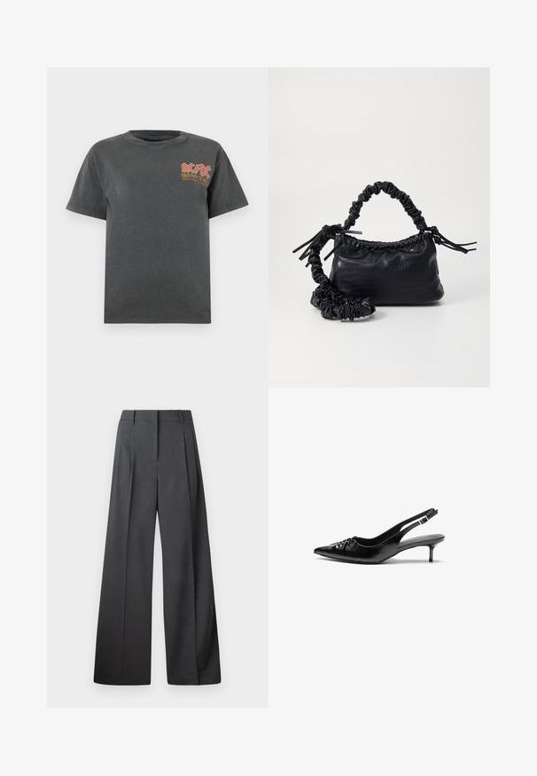 Tmavošedé bavlnené tričko s okrúhlym výstrihom. Na ľavej strane hrude sa nachádza červené a žlté logo AC/DC a text. Krátke rukávy, voľný strih.; Nohavice s širokými nohavicami z tmavošedej látky, s vysokým pásom, jedinými záhybmi a hladkou textúrou s čistým zakončením na lemoch.; Čierne kožené slingback podpätky s ostrou špičkou, malým podpatkom a dekoratívnym uzlom vpredu. Hladký povrch po celom obvode.; Čierna umelá kožená kabelka s kroko vzorom, sťahovaným vrchom a zhnutým popruhom. Vyzerá mäkko a kompaktné v dizajne.