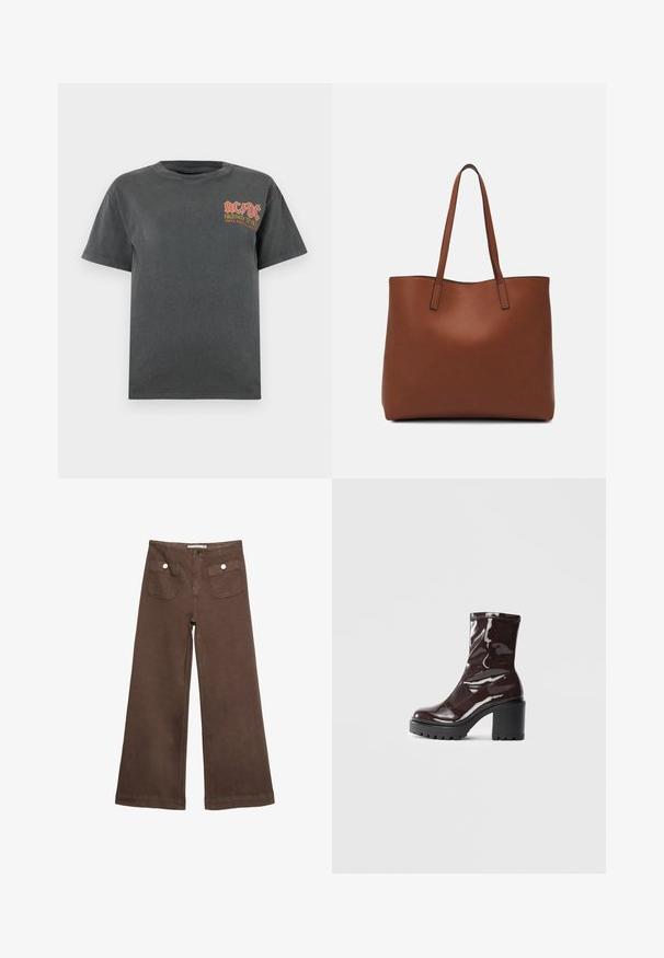 Tummanharmaa puuvillapaita, jossa on pyöreä kaula-aukko. Vasemmassa rintakappaleessa on punainen ja keltainen AC/DC -logo ja teksti. Lyhyet hihat, rento malli.; Ruske leve bukser i bomuld med to forlommer med sølvknapper og en glat overflade.; Satea bordeaux berwarna mengkilap dengan tumit hitam tebal, menampilkan tekstur halus dan desain sederhana. Tanpa pengikat atau pola yang terlihat.; Ruskea nahkainen olkalaukku, jossa on sileä pinta, avoin yläosa ja kaksi olkahihnaa. Omaavat vain minimaalisen ompelun eikä näkyvää metalliosaa.