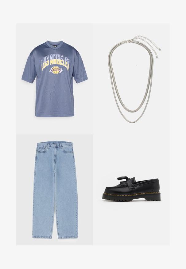 Pilkos tinklinės krepšinio marškinėliai su trumpomis rankovėmis, ant kurių esantis užrašas "LOS ANGELES" balta ir geltona spalvomis bei "LAKERS" logotipas priekyje.; Šviesiai mėlyni džinsai su tiesiomis kojomis, turintys vidutinio aukščio juosmenį, penkias kišenes ir mygtuko bei užtrauktuko uždarymą.; Juodas odinis loaferis su kutais, turintis masyvų juodą pado ir geltonus siūlus palei kraštą. Textūruota danga.; Trijų sluoksnių sidabrinė metalinė apyrankė, kuri pasižymi stilingomis, lankstosiomis grandinėlėmis su švelniu blizgesiu, užsegama krabų užsegimu ir reguliuojama grandinė.