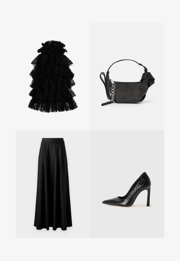 Musthave mustriga mustriga mustrahviga mustriga, millel on mitmed kihid ja kogutud dekoltee, luues volüümika silueti.; Mustmust pikk, must seelik, millel on sile tekstuur, lai vöökoht ja volditud disain, ilma nähtavate mustrite või kaunistusteta.; Mustan teravaotsaga kõrge kontsaga king, millel on krokodillimustriga tekstuur, stiilne disain, kõrge stilettokonts ja sile must sisesisustus.; Must must have must päris omadused kobaraga nahast käekott, millel on nurgeliselt kaunistused, ketiraam ja sile nahast käepide, ümmargune kuju ja tõmblukuga tasku.