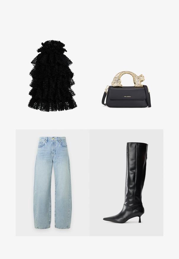 Black ruffled dress made from textured fabric, featuring multiple layers and a gathered neckline, creating a voluminous silhouette.; Light blue denim wide-leg jeans with a high waist, slight fading, five pockets, and gold-tone hardware. Hem is straight and unfinished.; Black leather knee-high boot with a pointed toe and slim curved heel. Smooth texture, fitted design, and no visible hardware or patterns.; Black leather handbag with a gold cat-shaped handle, featuring a front flap, adjustable strap, and logo detail on the lower front.