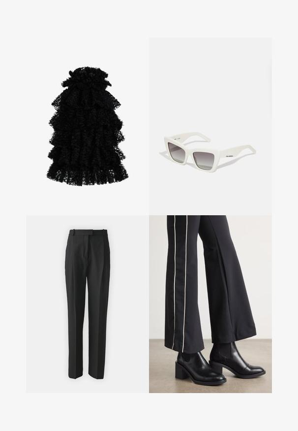 Juodas raukinėmis suknelė, pagaminta iš tekstūruoto audinio, su keliais sluoksniais ir susiraukšlėjusia apykakle, sukurianti apimtį turinčią siluetą.; Juodi pritaikyti kelnes pagamintos iš lengvos medžiagos, turinčios tiesų kirpimą, plokščią priekinę dalį ir diržo kilpas. Lygus paviršius be matomų raštų.; Juodi odiniai auliniai batai su plataus bloko kulnu, turintys elastines šonines dalis. Sukomplektuoti su juodomis kelnėmis, turinčiomis baltą šoninės juostą.; Baltos didelės saulės akys su matinio finisho, kampuotu dizainu, gradientiniais pilkais stiklais ir subtiliu prekės ženklu ant šakės.