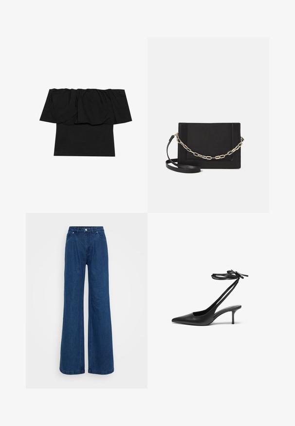 Top preto às avessas, com tecido franzido na gola, textura ajustada no corpo e mangas curtas. Material suave e liso.; Jeans de ganga azuis de perna larga com uma cintura alta, fecho frontal por botão e zip e bolsos dianteiros e traseiros sobre um fundo plain.; Shoe stileto de couro preto com bico fino, parte traseira aberta e tiras de tornozelo atadas em um laço. Salto fino de 7,5 cm. Textura suave, design minimalista.; Bolsa crossbody de couro preto com uma textura suave, forma retangular e um detalhe em corrente metálica na frente. Inclui uma alça ajustável.