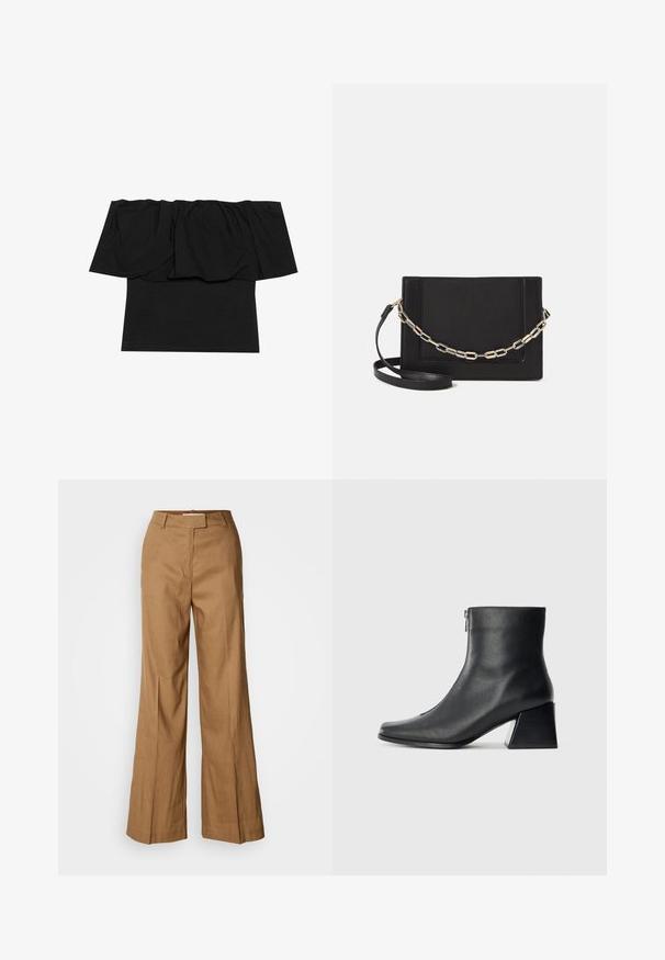 Must mustriba mustaari ülemine osa, mis on kaelusest kogutud kangaga, keha külge sobiv tekstuur ja lühikesed varrukad. Pehme, sile materjal.; Pruunid laiad püksid, mis on valmistatud kerge kangast. Omavad tasast esiosa, vöökohtade keerutusi ning kohandatud siluetti, millel on pahkluu pikkus.; Must musta ankle bot, mille ruudukujuline varvas, külgriiv ja plokk-konts, heledal taustal.; Mustast nahast õlakott, mis omab siledat tekstuuri, ristküliku kuju ning esiküljel metallketi detaili. Reguleeritav rihm on kaasas.