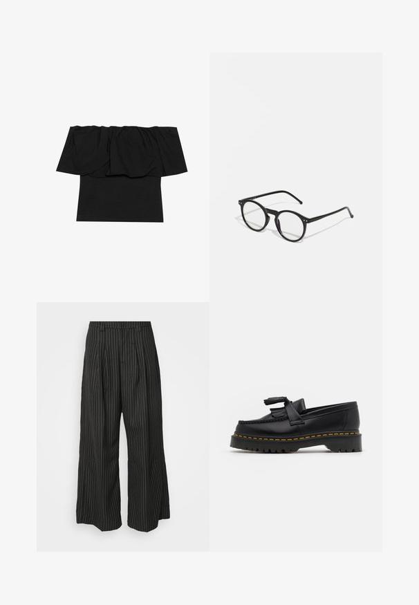 Schwarzes Off-Shoulder-Oberteil mit gerafftem Stoff am Ausschnitt, einer taillierten Passform am Körper und kurzen Ärmeln. Weiches, glattes Material.; Schwarz gestreifte weite Hose mit Falten, im taillierten Design und mit weichem Material. Keine sichtbaren Beschläge oder Akzente.; Schwarze Lederloafers mit einem fransenverzierten Akzent, ausgestattet mit einer robusten schwarzen Sohle und gelber Naht entlang der Kante. Texturierte Oberfläche.; Runde schwarze Sonnenbrillen mit klaren Gläsern, dünnen schwarzen Bügeln und kleinen metallischen Akzenten an der Front. Klassisches Design mit minimalistischem Stil.