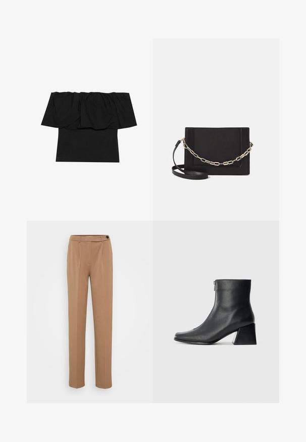 Top negro de tirantes caídos que presenta tela gathered en el escote, una textura ajustada en el cuerpo y mangas cortas. Material suave y liso.; Pantalones de traje marrones con pierna recta, que cuentan con un cierre de un solo botón y un diseño frontal con pliegues. Textura suave, estilo minimalista.; Botín de cuero negro hasta el tobillo con punta cuadrada, cremallera lateral y tacón bloque, sobre un fondo claro liso.; Bolso cruzado de piel negra con textura suave, forma rectangular y un detalle de cadena metálica en el frente. Incluye una correa ajustable.