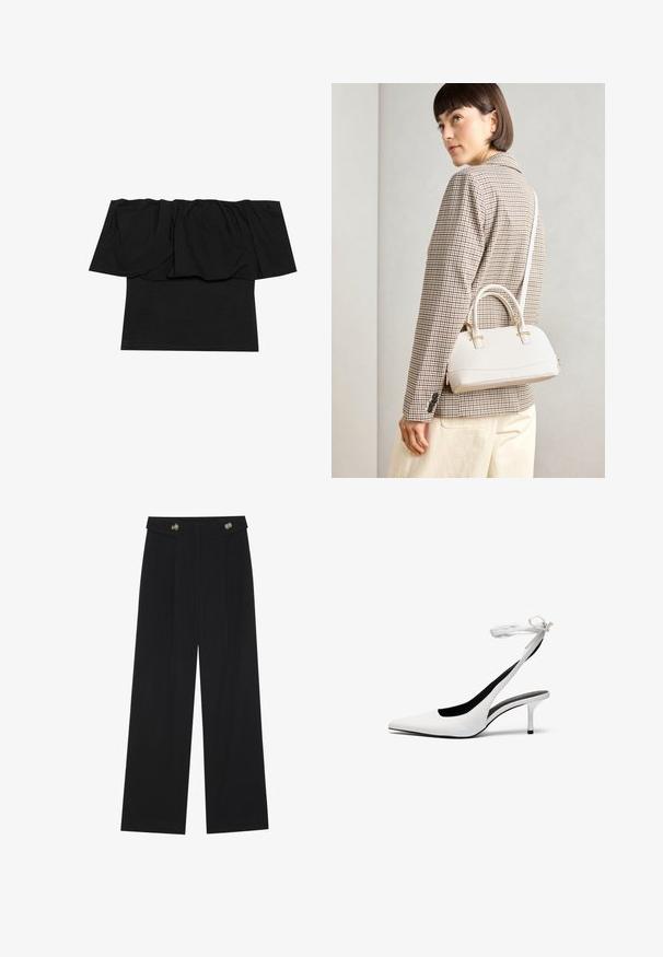 Top preto às avessas, com tecido franzido na gola, textura ajustada no corpo e mangas curtas. Material suave e liso.; Calças largas pretas com cintura alta, detalhes em botão na cintura e pregas frontais.; Sapatos de salto alto brancos com biqueira fina e tiras de calcanhar. Material de couro liso, salto agulha fino e forro interior preto.; Bolsa estruturada branca com alças curtas e uma alça de ombro, com detalhes em hardware dourado e material texturizado, exibida contra um fundo cinza.
